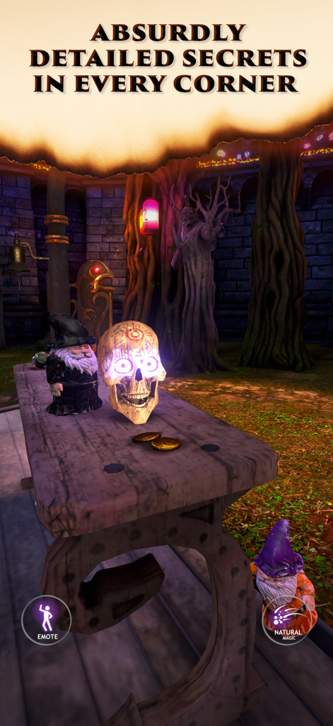 Waltz of the Wizard - 어두운 마법 숲의 작업대 위에 있는 마법사의 피규어와 함께 빛나는 마법 해골 스컬리