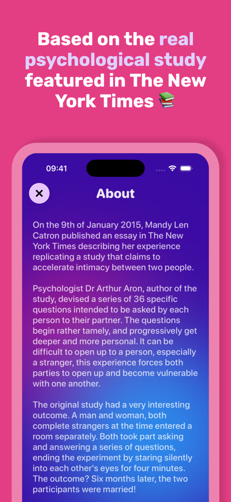 36 Questions To Fall In Love! - Pantalla de aplicación móvil que explica el estudio psicológico detrás de las 36 preguntas para enamorarse