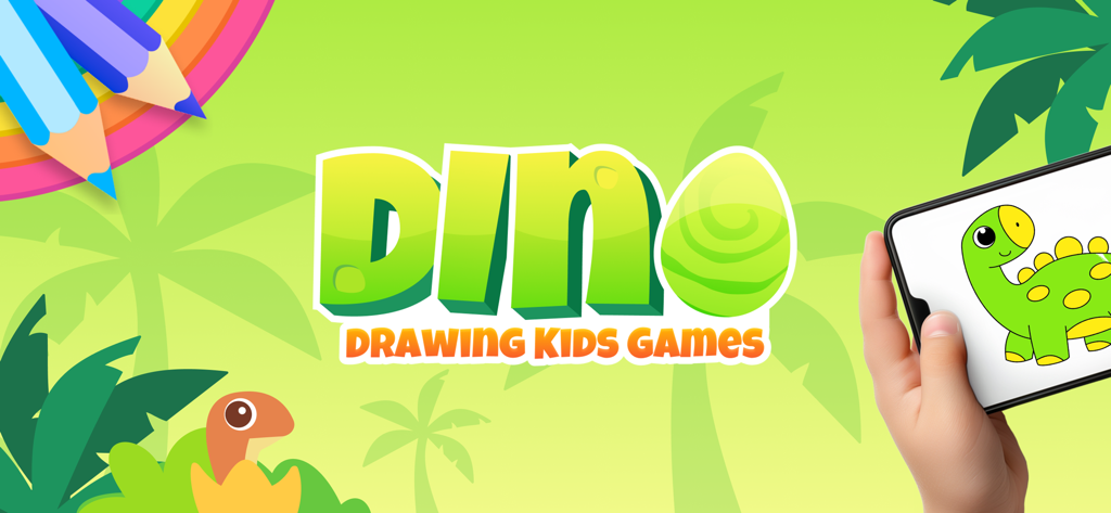 Dinosaur Drawing Kids Games 2+ - Banner promocional para la aplicación Dinosaur Drawing Kids Games con una mano sosteniendo un teléfono con un dibujo de dinosaurio