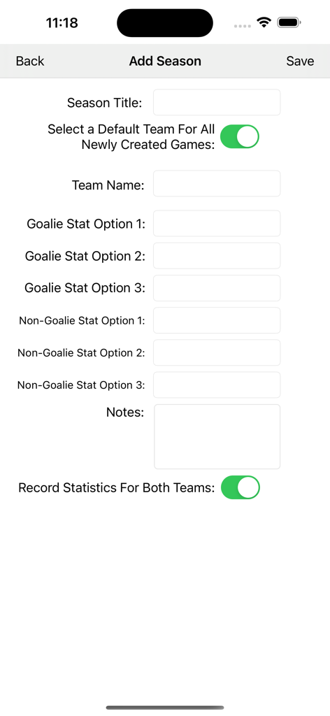 Schermata Aggiungi Stagione per personalizzare i nomi delle squadre e le opzioni di tracciamento nell'app Statistiche sull'hockey su ghiaccio