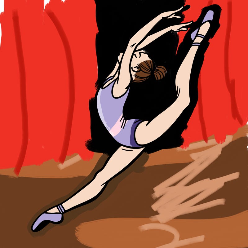 gymnast doing a leap in a leotard with a bent back leg
