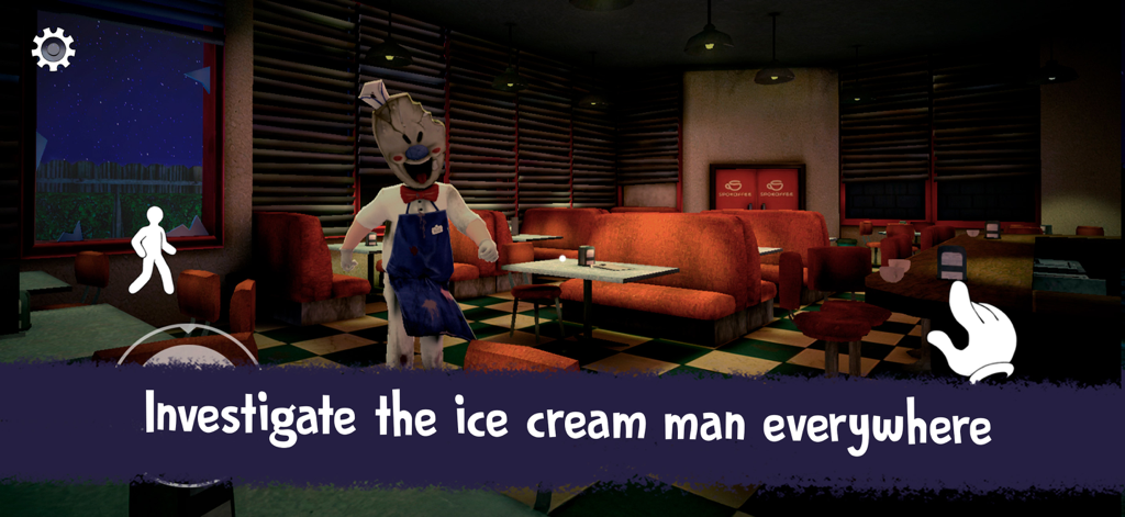 Rod the ice cream man standing in a spooky diner inside the Ice Scream horror game