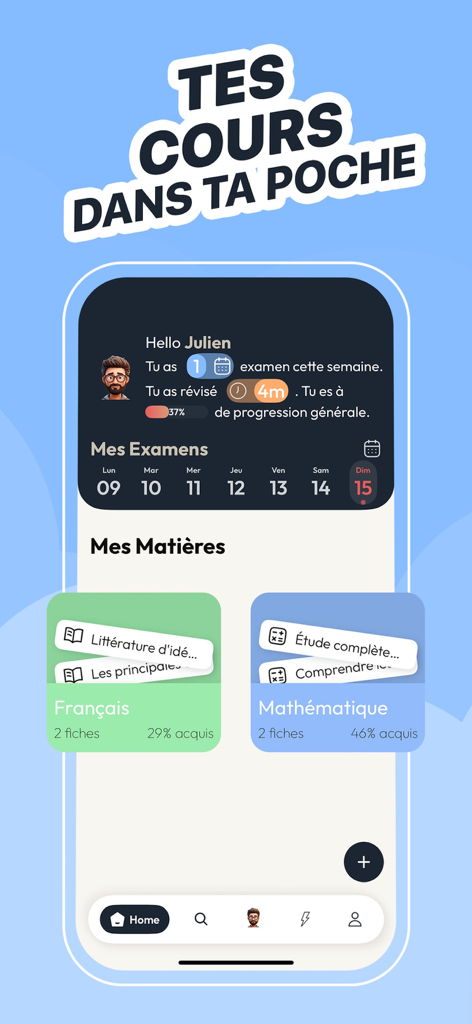 Plume - Fiches de revision - Panel de la aplicación de estudio Plume mostrando un calendario semanal de exámenes, estadísticas de progreso de estudio y materiales de curso categorizados para estudiantes.
