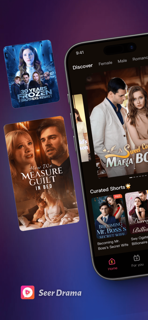 Seer Drama - Stream Shorts&TV - Seer Drama app discover page featuring romantic short film posters and curated mini series