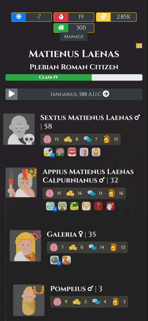 Una captura de pantalla de la pantalla de gestión familiar en Ciudadano de Roma que muestra los nombres de los personajes y sus respectivos atributos y estadísticas