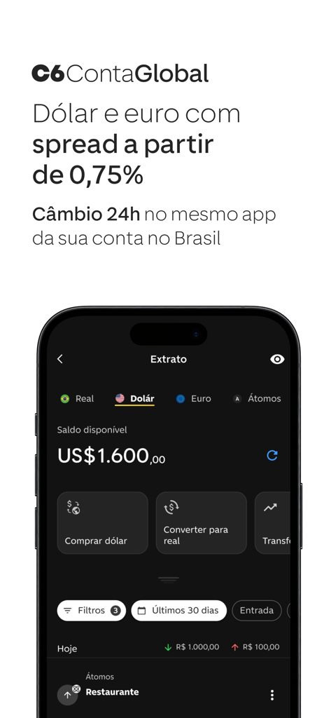 C6 Bank mobile app screen showing a US dollar global account balance and currency exchange options