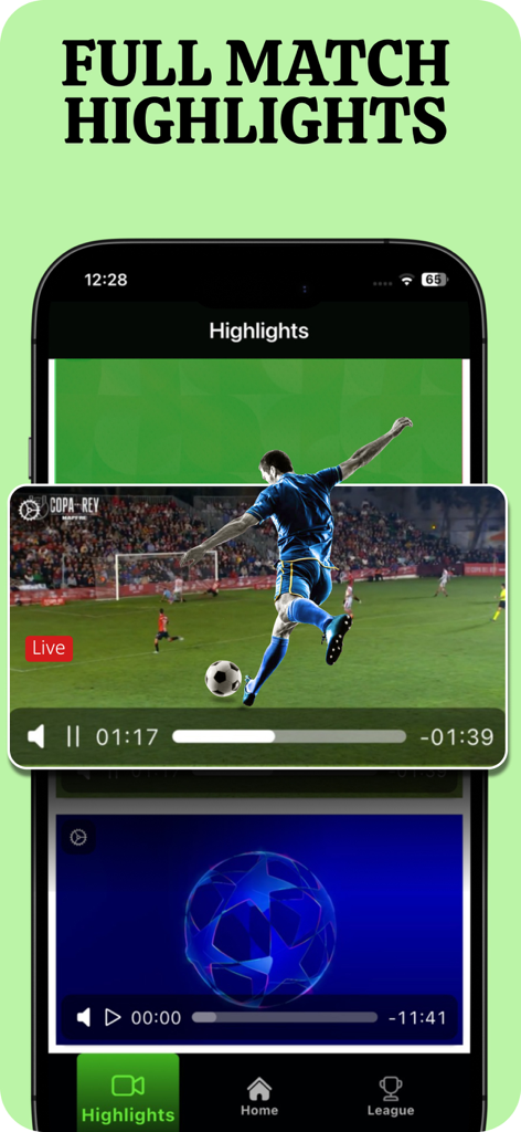 Kick Off - Football Live Match - Pantalla de la aplicación móvil Kick Off que muestra los aspectos más destacados completos de un partido de fútbol y un reproductor de video