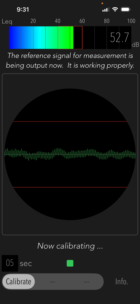 Low Frequency Detector - Calibration screen of the Low Frequency Detector app displaying a sound level of 52.7 dB and a signal waveform.