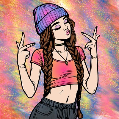 realistic teenage girl with braids and a beanie and crop top doing 🫶🏼