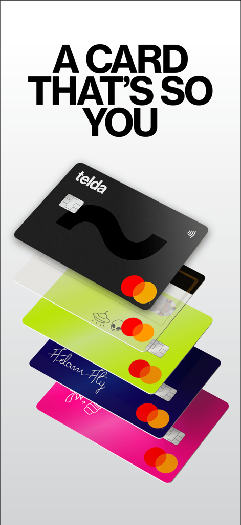 Telda - Ein Stapel bunter und personalisierter Telda-Debitkarten mit einzigartigen Kritzeleien