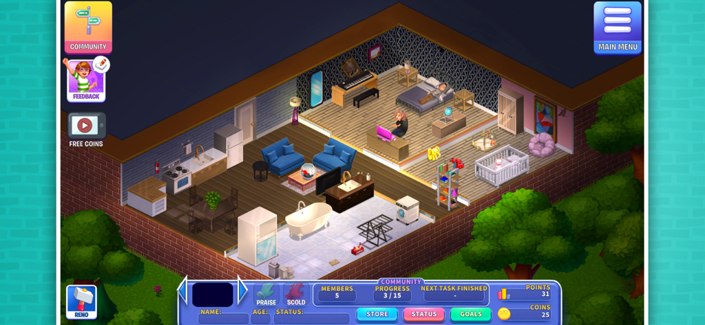 A detailed isometric view of a furnished virtual house in the simulation game Virtual Families