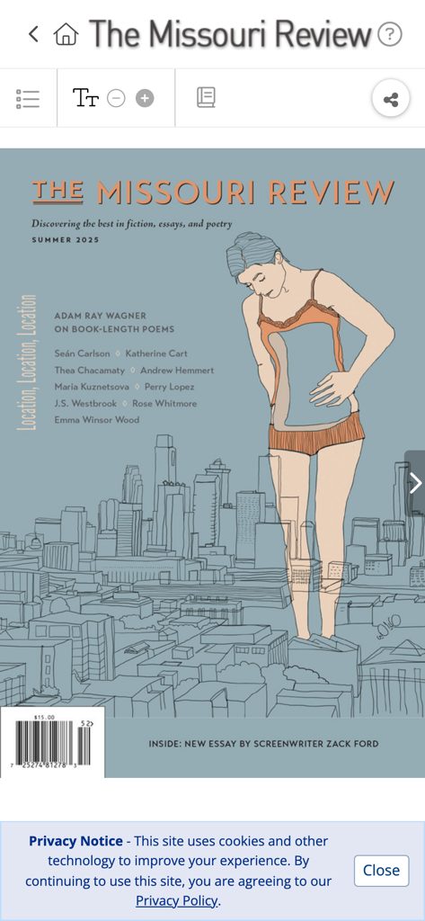 Digital cover of The Missouri Review Summer 2025 issue showing a literary magazine interface with a list of contributing authors and a cityscape illustration.