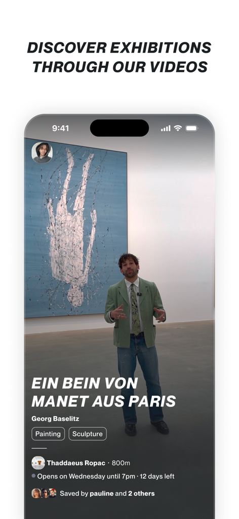 CUR8 — Art shows around you - Mobile app screen showing a video tour of a contemporary art exhibition