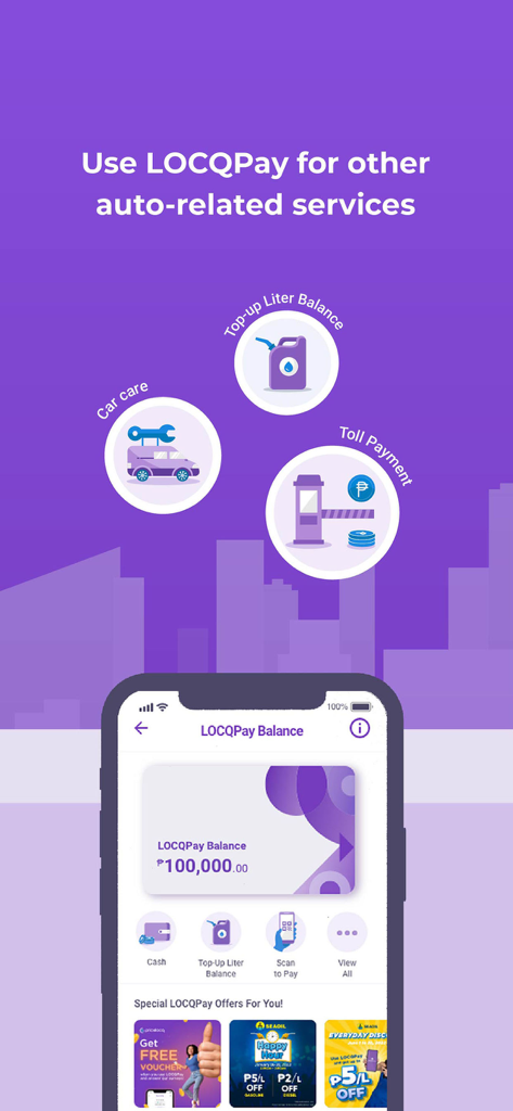 PriceLOCQ - PriceLOCQ app interface showing LOCQPay balance and auto services like car care and toll payments