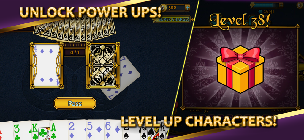 Aces Spades gameplay screen showing power ups and character level up rewards