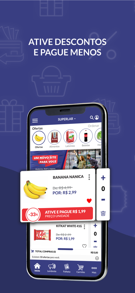 Superlar Supermercados - A smartphone screen displaying grocery discounts and offers from the Superlar Supermercados app.