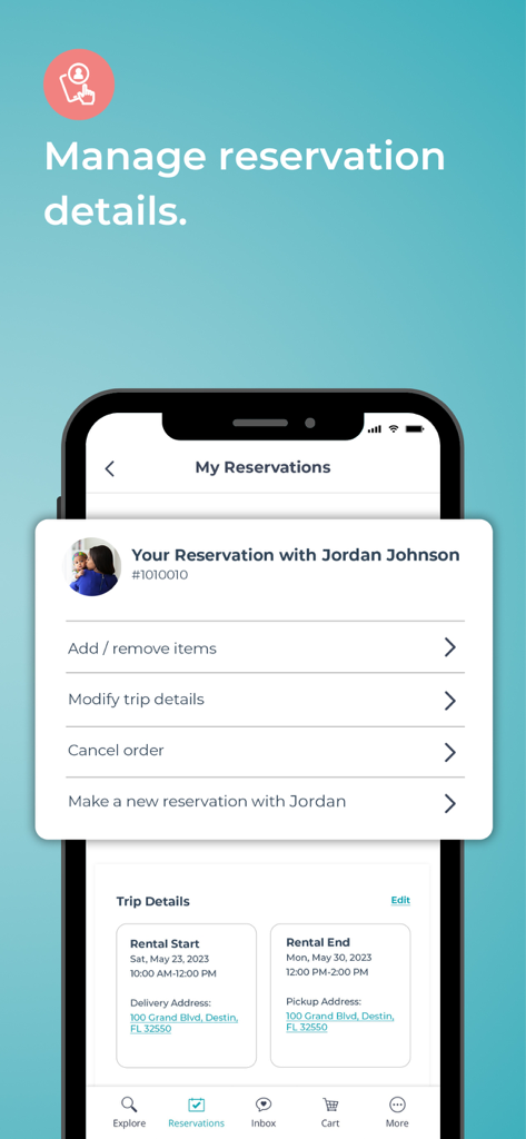 BabyQuip - Baby Gear Rentals - BabyQuipアプリのインターフェース。旅行の詳細を変更したり、ベビー用品レンタル予約にアイテムを追加したりするオプションが表示されています。
