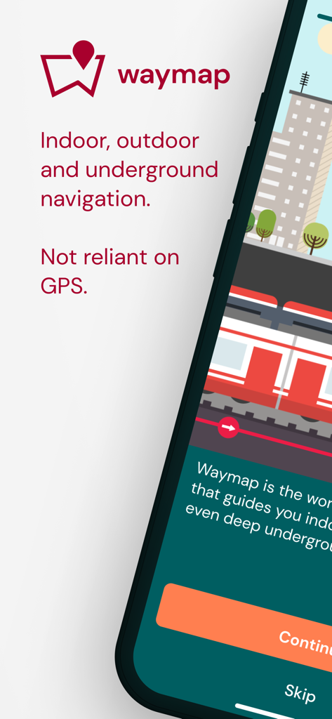 Waymap - Waymap app introductory screen highlighting indoor outdoor and underground navigation without GPS