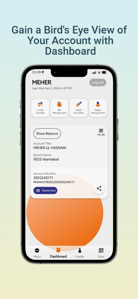 BOK Digital - Captura de pantalla del panel de la aplicación de banca móvil BOK Digital que muestra información de la cuenta y funciones de gestión financiera como transferencia de fondos y gestión de facturas
