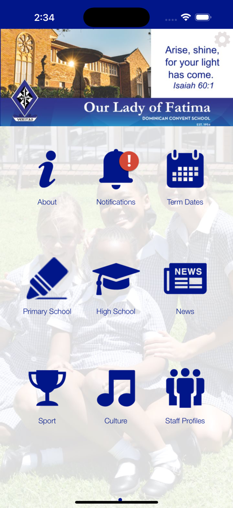 Our Lady of Fatima - Schermata principale dell'app scolastica di Nostra Signora di Fatima che mostra icone di navigazione per date scolastiche, notizie, sport e informazioni scolastiche