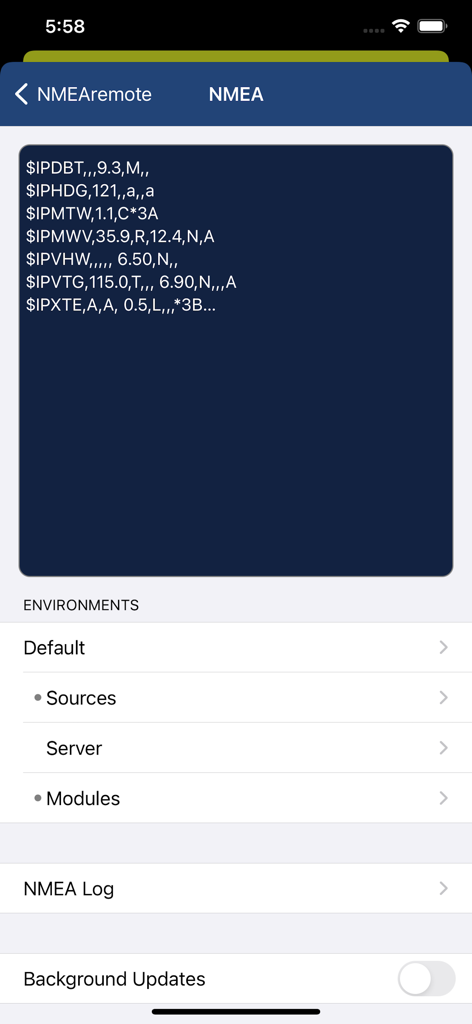 NMEAremote - Interface NMEAremote montrant les phrases NMEA brutes et le menu de configuration de l'environnement
