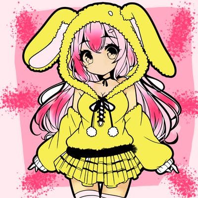 pretty anime girl wearing a fluffy hoodie with bunny ears on the hood and a skirt