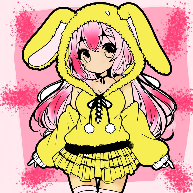 pretty anime girl wearing a fluffy hoodie with bunny ears on the hood and a skirt