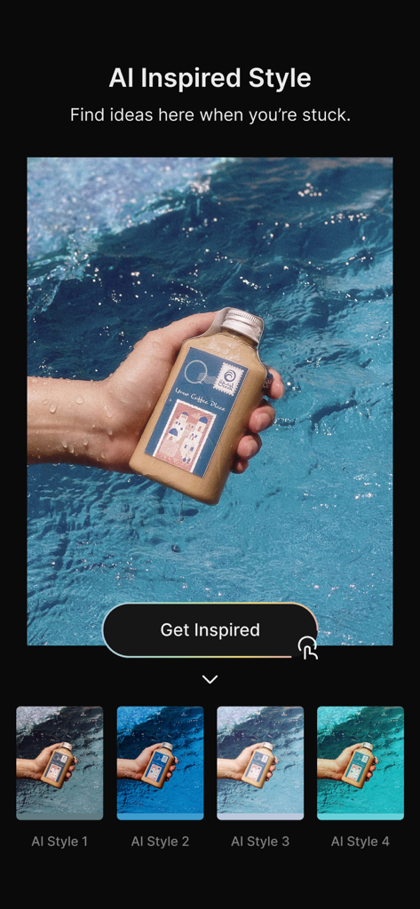 Interface montrant la fonction de style inspiré par l'IA avec plusieurs options d'étalonnage des couleurs pour une photo d'une main tenant une boisson au-dessus d'une piscine