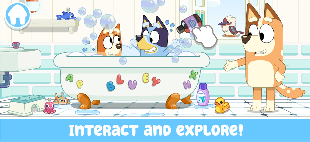 Personajes de Bluey y Bingo en un baño de burbujas con Chilli cerca