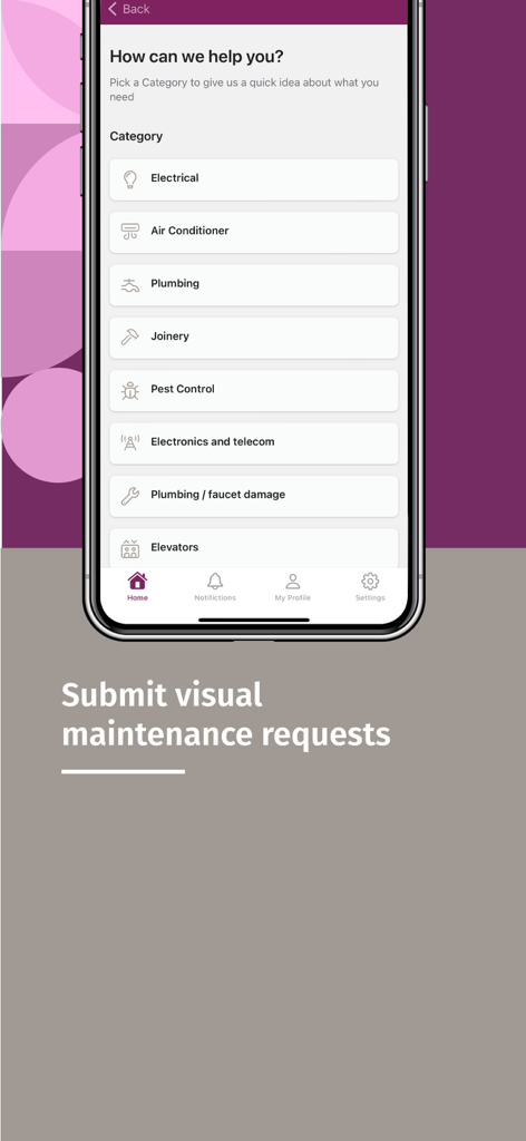 Al Mana Capital Real Estate - Al Mana Capital Real Estate app screen showing various maintenance service categories like plumbing and electrical for tenant requests.