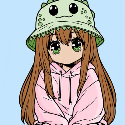 girl with anime shaped eyes with a dinosaur bucket hat oversized sweatshirt long straight hair