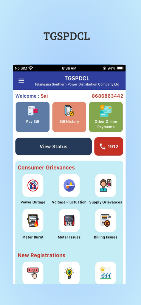 TGSPDCL - TGSPDCL mobile app home screen showing bill payment and consumer grievance sections.