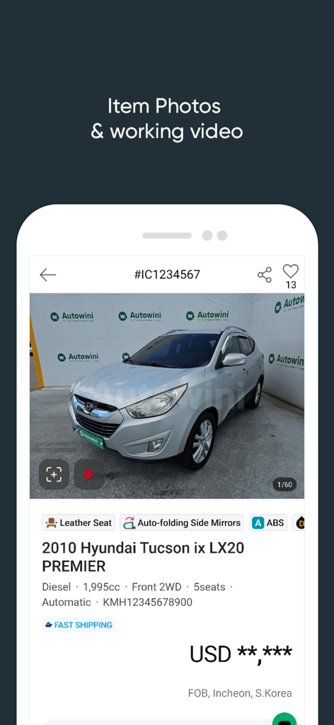 Autowini For Buyers - Interfaz de la aplicación Autowini que muestra un anuncio de Hyundai Tucson 2010 con fotos del artículo y función de video en funcionamiento para compradores mayoristas