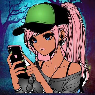 realistic girl with a long ponytail and trucker hat holding an iphone