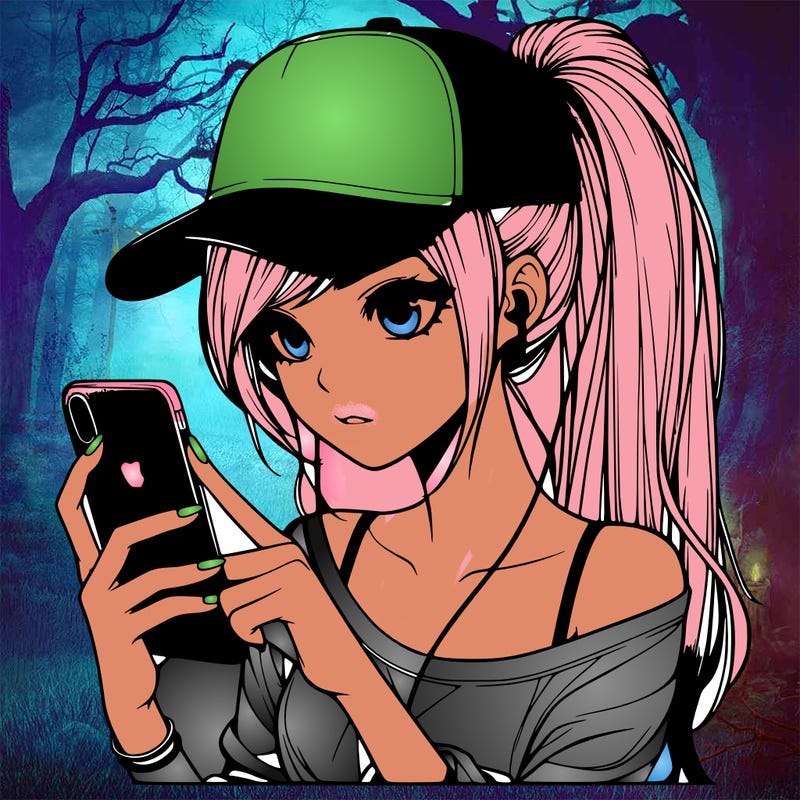 realistic girl with a long ponytail and trucker hat holding an iphone