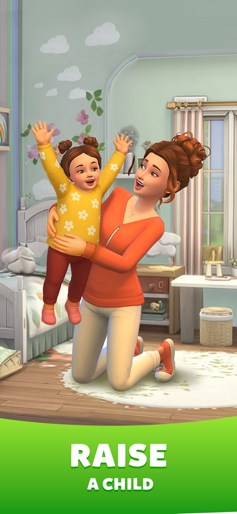 Una madre virtual levantando felizmente a su niño pequeño en un dormitorio decorado dentro del juego Life Sim 3D