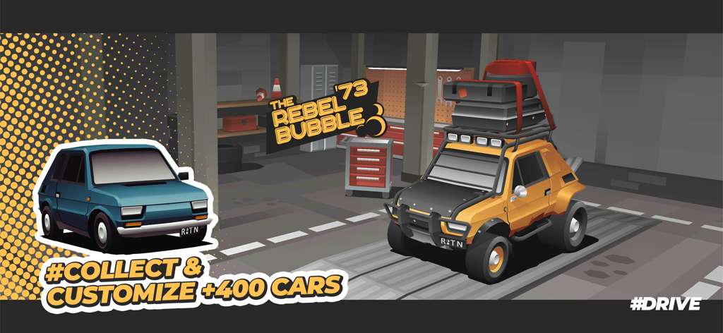 A blue hatchback and an orange off-road vehicle in a garage showcasing car customization in the game Drive