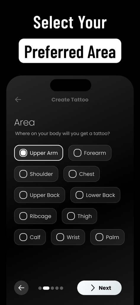 Tattoo AI Design Creator: Traz - AIタトゥーデザインの腕、胸、背中などの体の部位を選択するオプションを表示するインターフェース。