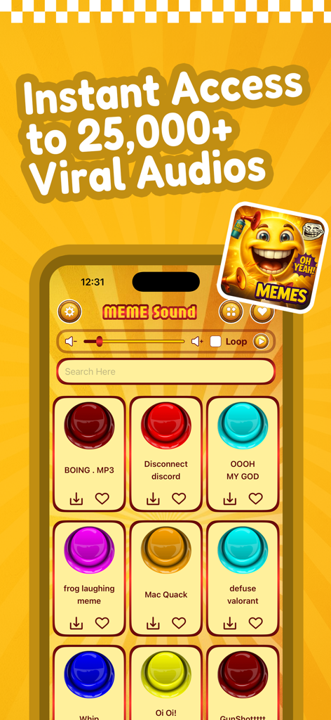 Interface do aplicativo Meme Soundboard com clipes de áudio virais e botões de som engraçados.