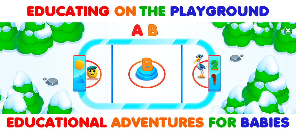 RMB Games - Toddler Learning - An educational ice hockey mini game for toddlers featuring letters and numbers in a winter landscape.