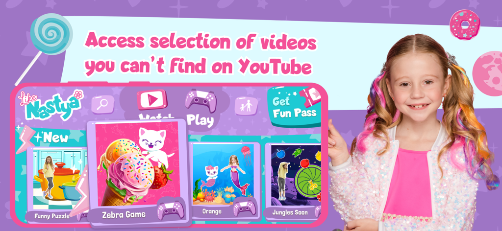 Like Nastya World - let's play - Screenshot of Like Nastya World app interface featuring exclusive videos and mini-games for children.