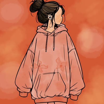 realistic girl with a oversized sweatshirt on and a bun