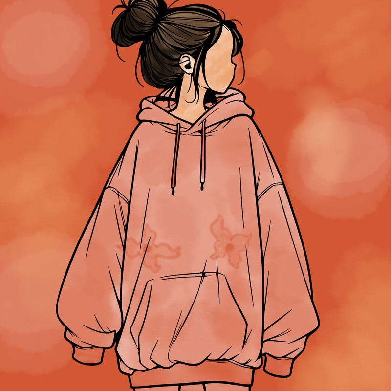 realistic girl with a oversized sweatshirt on and a bun