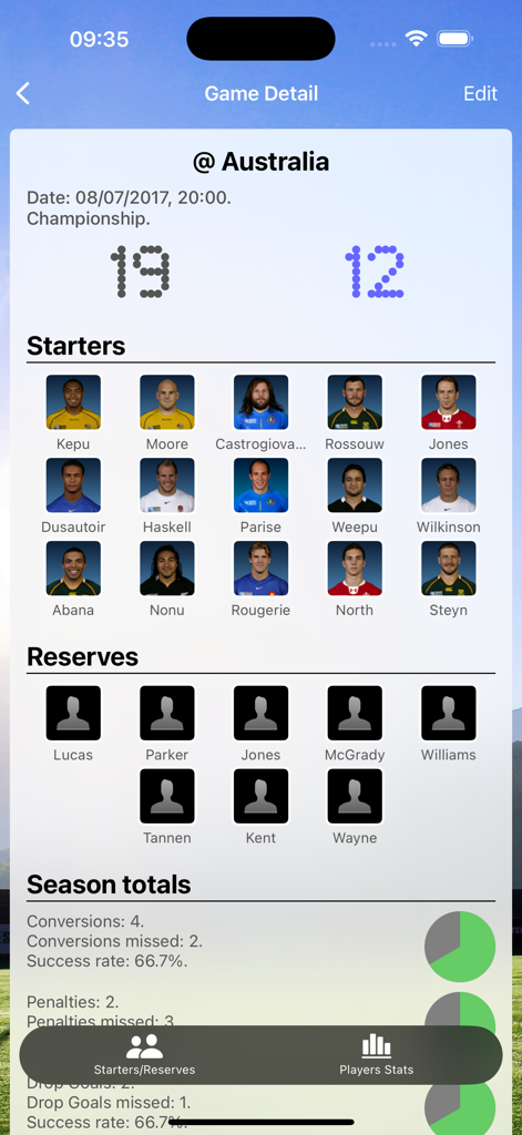 Assistant Coach Rugby - Assistant Coach Rugby app screen showing game details including score starters reserves and season totals with success rate charts
