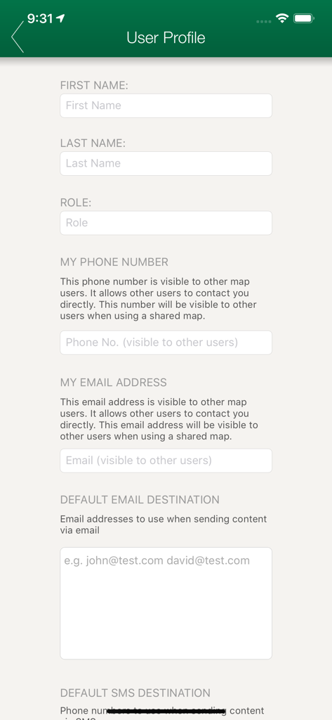 FireMapper Enterprise - User profile setup screen in the FireMapper Enterprise app showing fields for name role phone and email