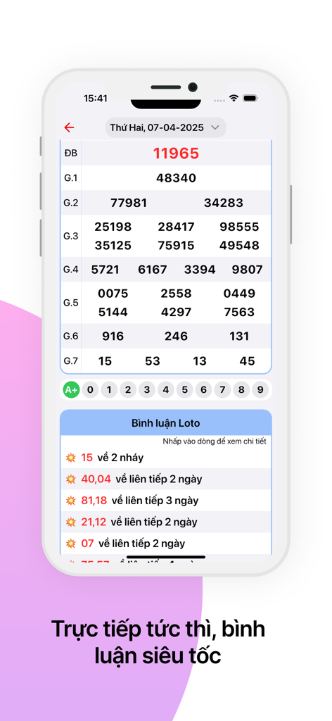 Vietnamese lottery app interface showing daily results and live statistics