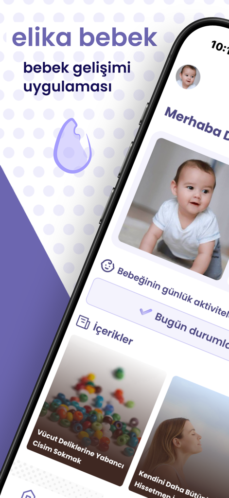 Elika Baby Care and Monitoring - Tela inicial do aplicativo Elika Baby mostrando rastreamento de desenvolvimento do bebê e atividades diárias