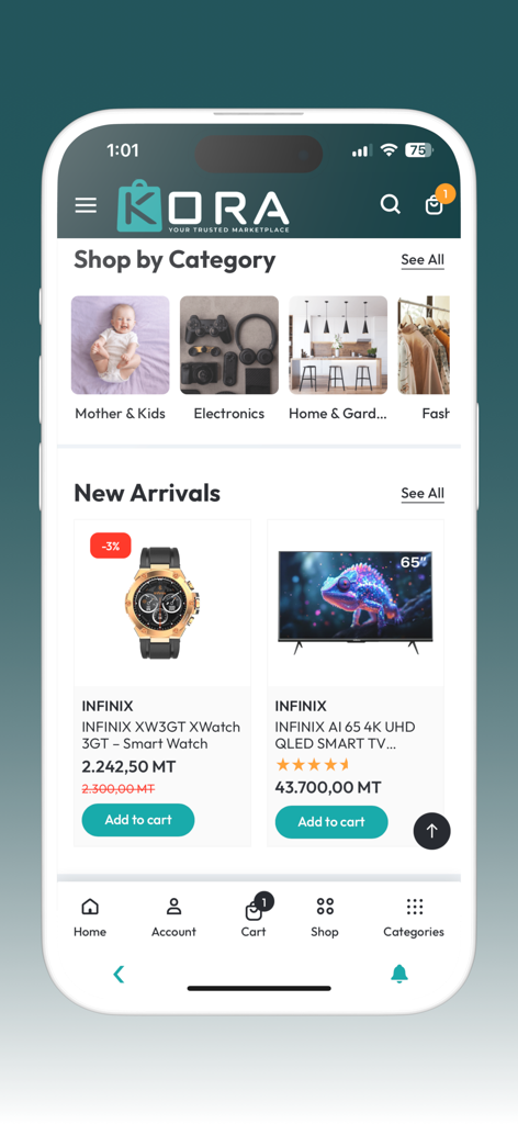 Pantalla de inicio de la aplicación de compras de mercado de KORA que presenta categorías de productos como Madres y Niños y Electrónica junto con las novedades