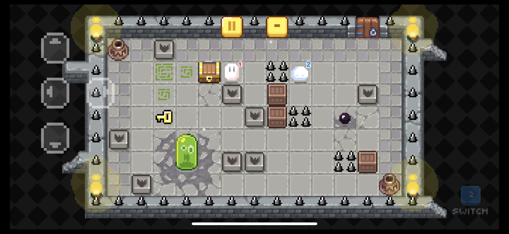 Ghost'n Brothers - Two pixel art ghosts solving a puzzle in a dungeon.