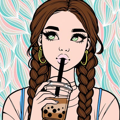 realistic girl with braided hair drinking boba
